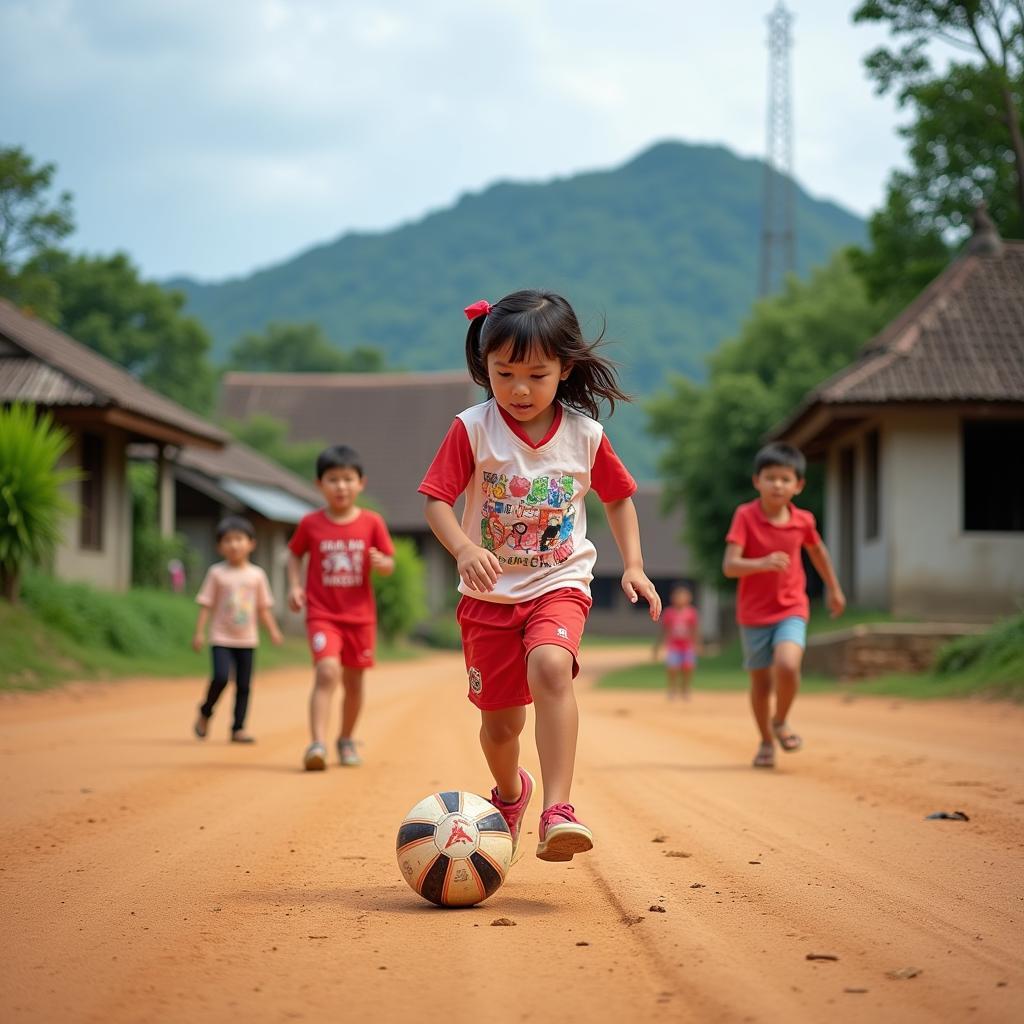 Young girl named Nguyen Thi Xuyen playing football in a Vietnamese village.