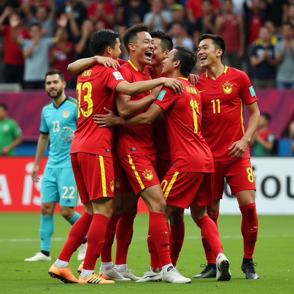 Nguyen Trong Hoang celebrating a goal for the Vietnamese national team, showcasing his passion and dedication.