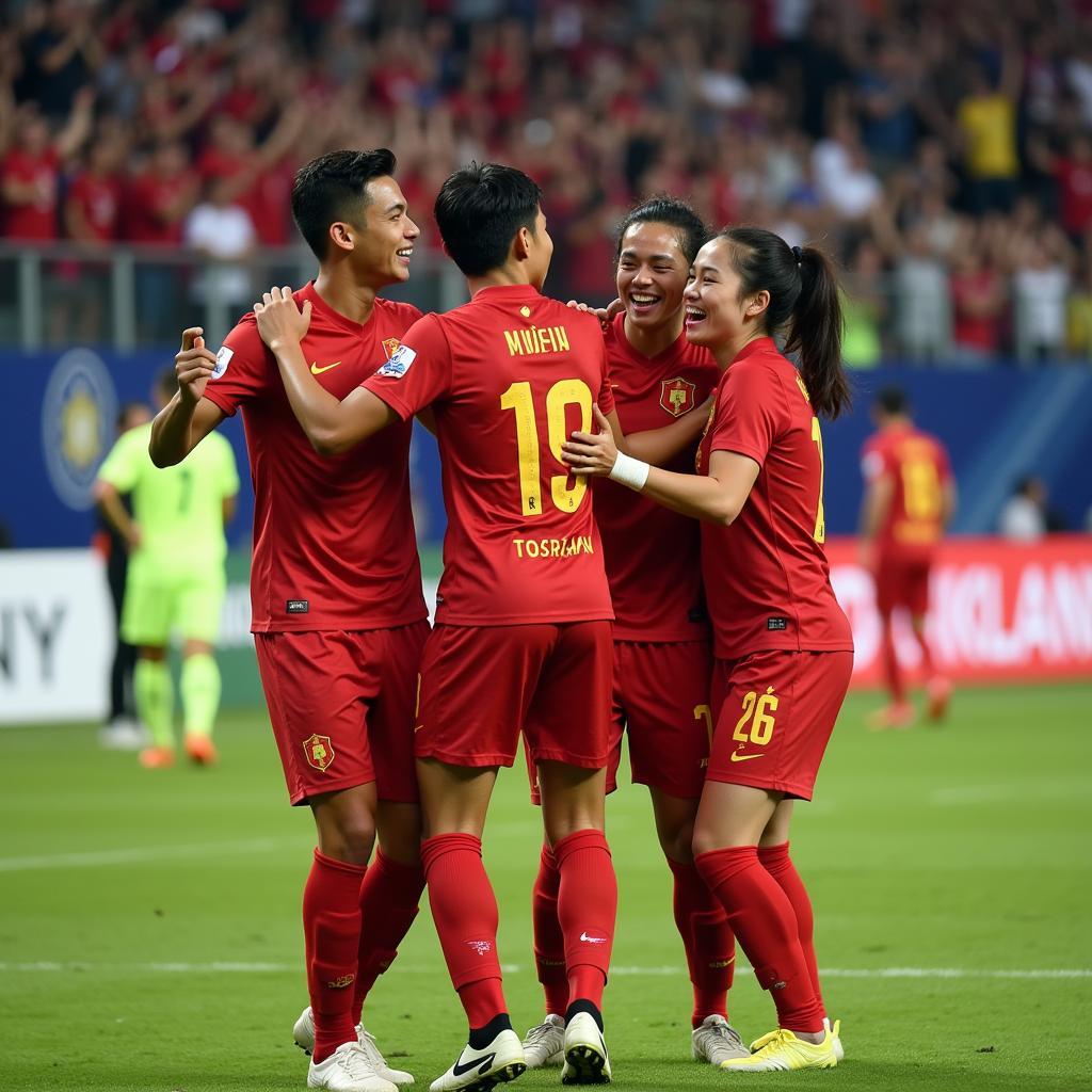 Nguyen Trong Huy celebrating a goal with his teammates, showcasing the camaraderie and team spirit within the squad.