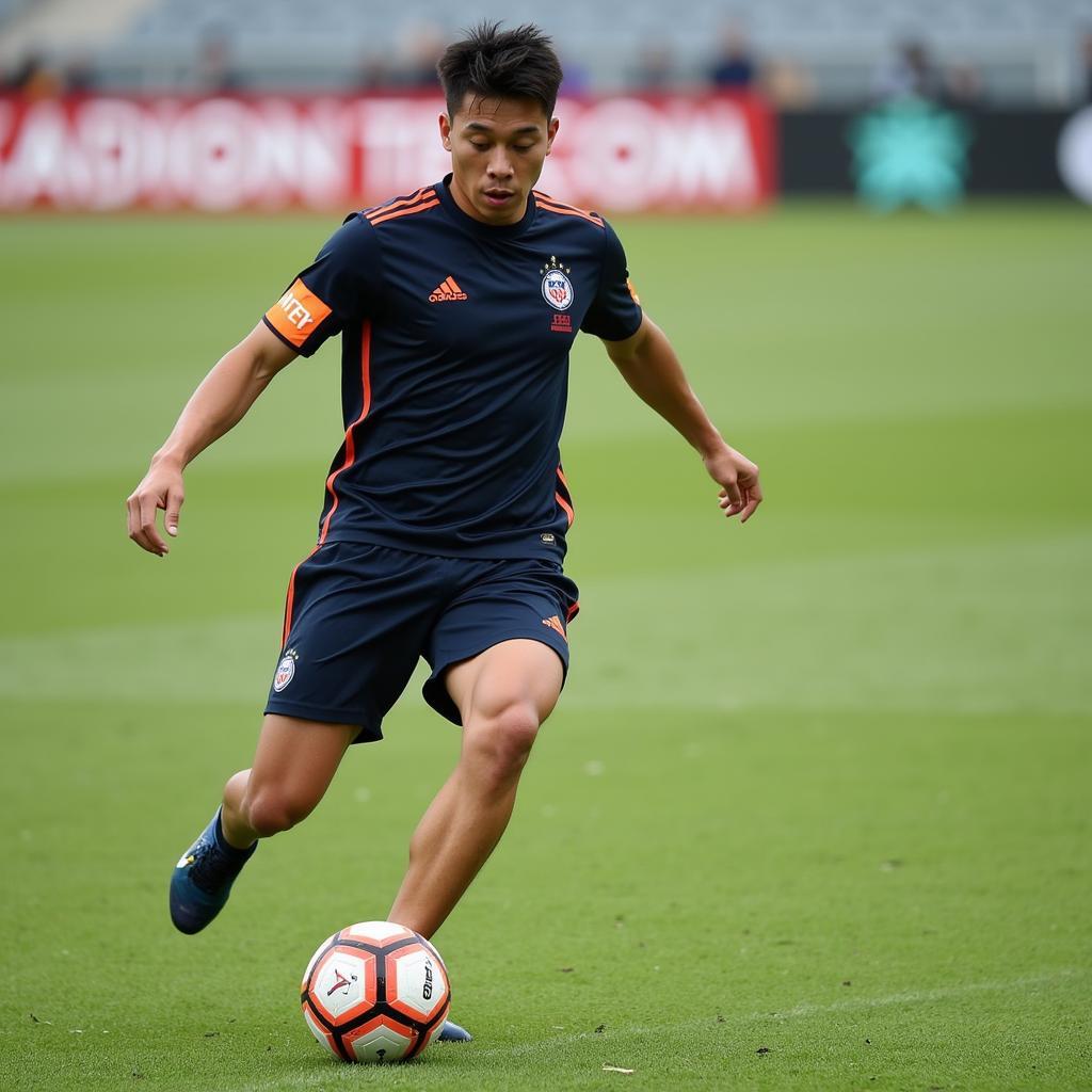 Nguyen Trong Huy honing his dribbling skills during a training session, demonstrating his dedication to improving his technique.