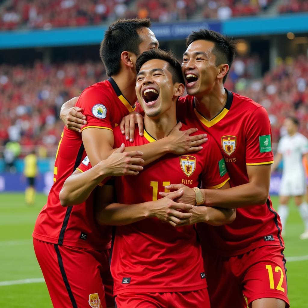 Nguyen Van Nam celebrating a goal with teammates