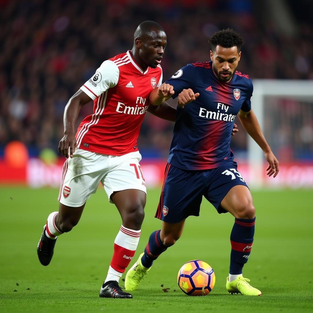 Nicolas Pepe challenging an opponent for the ball during an Arsenal game.