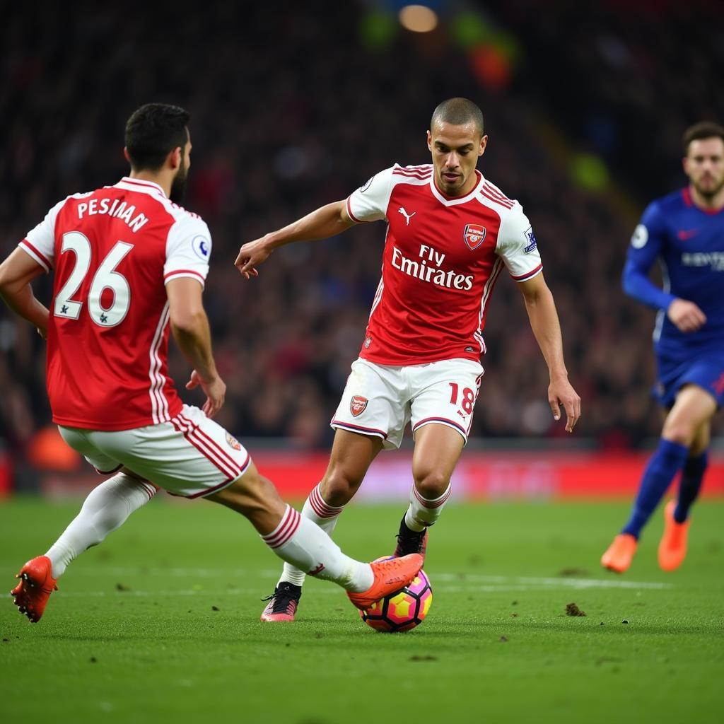 Nicolas Pepe dribbling past a defender during an Arsenal match