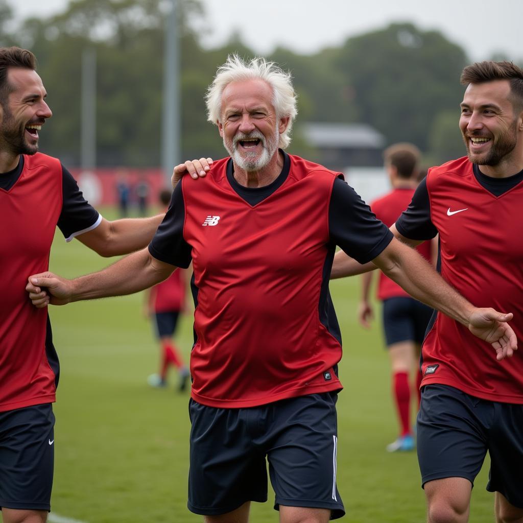 An older soccer player celebrating a goal with his teammates