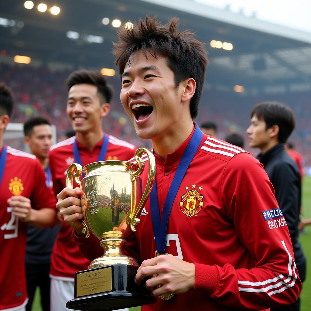 Park Ji-Sung holding a trophy, symbolizing his numerous achievements in football.