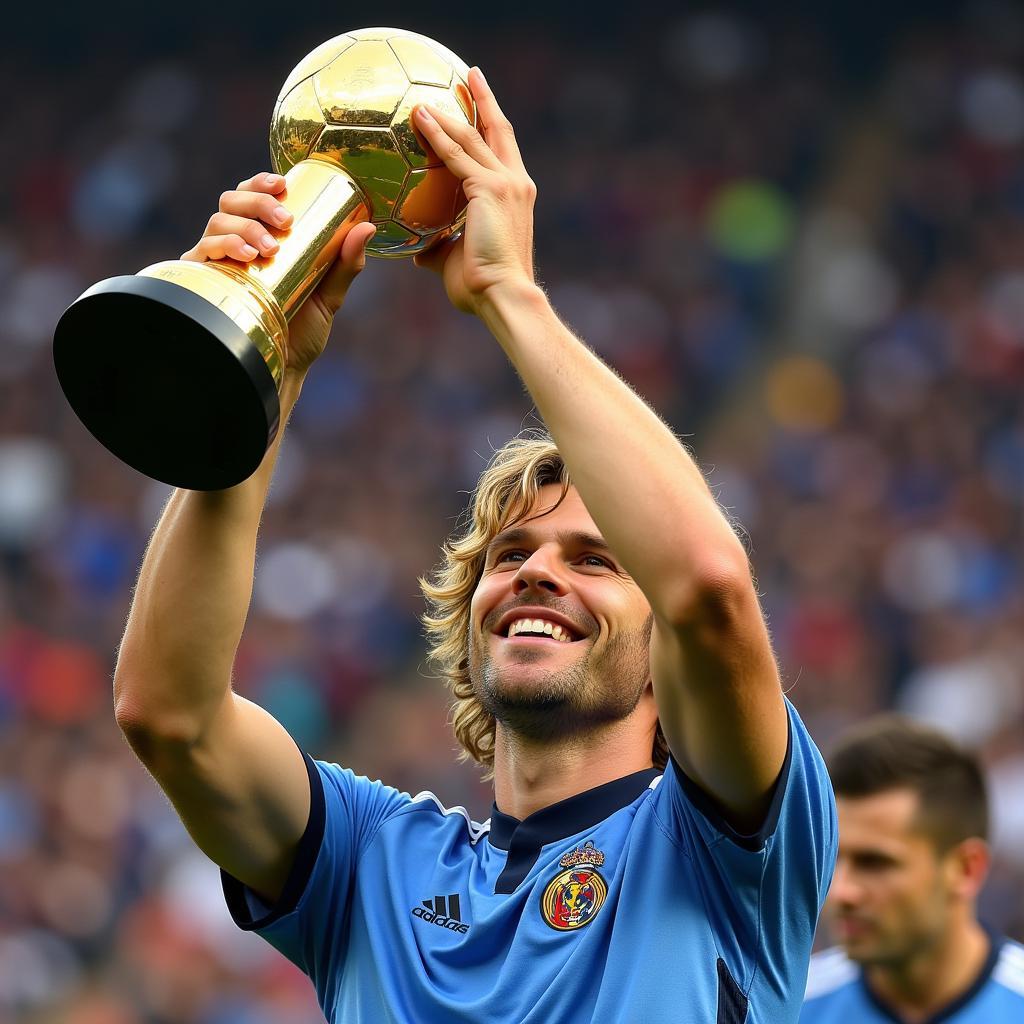 Pavel Nedved holding the prestigious Ballon d'Or trophy in 2003, a recognition of his outstanding performance and contribution to football.