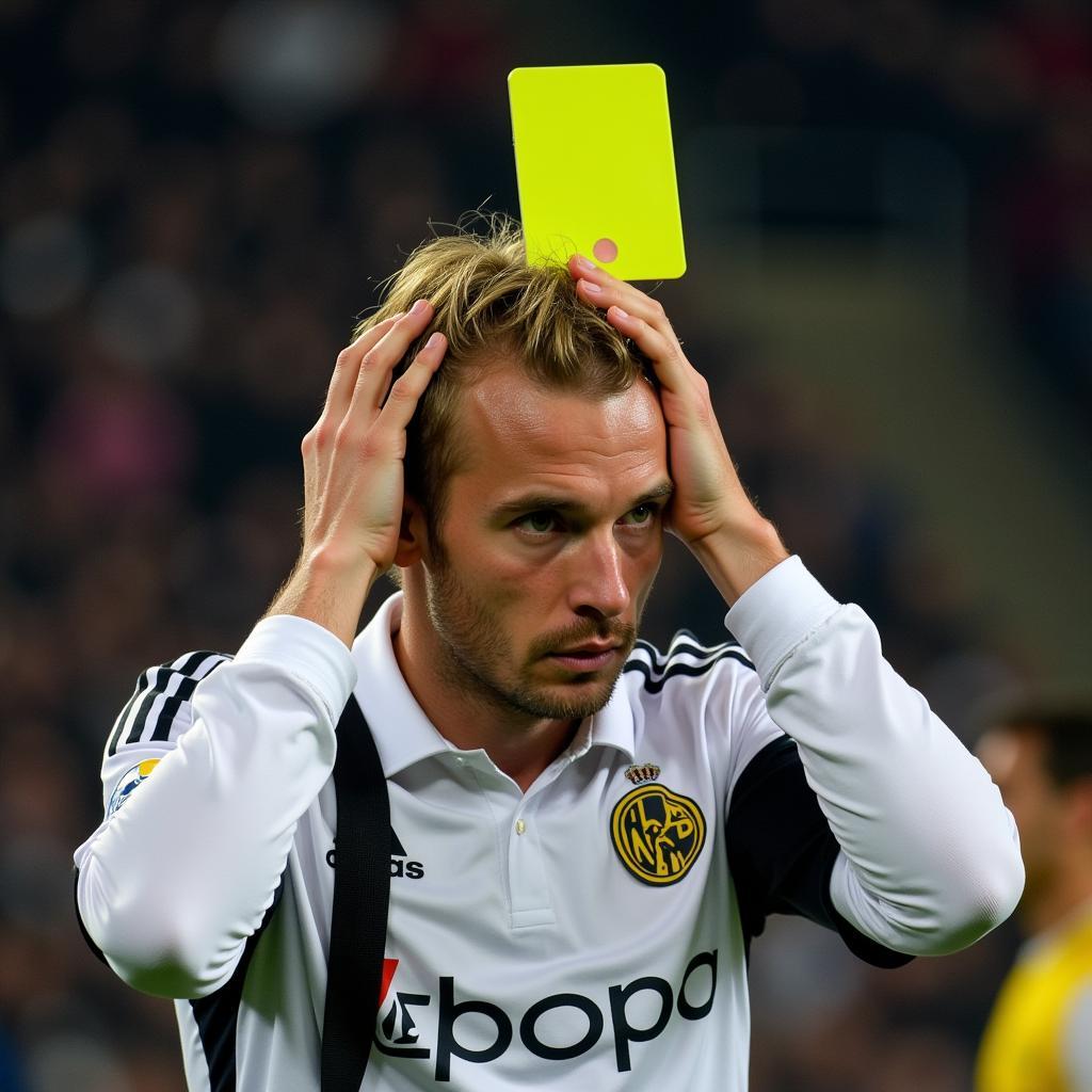 Pavel Nedved looking distraught after receiving a yellow card in the Champions League final, which meant he would miss the match.