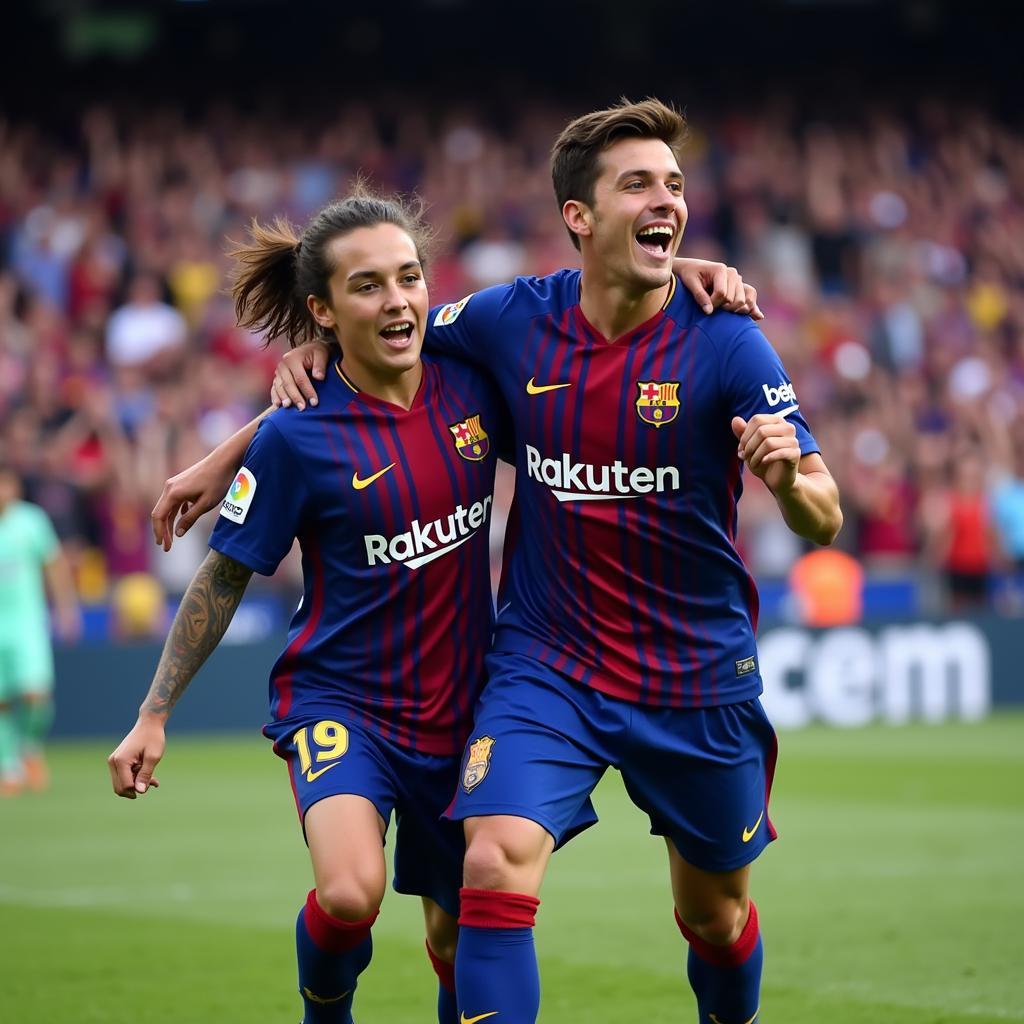 Pedri and Gavi, two of Barcelona's young stars, celebrate a goal.