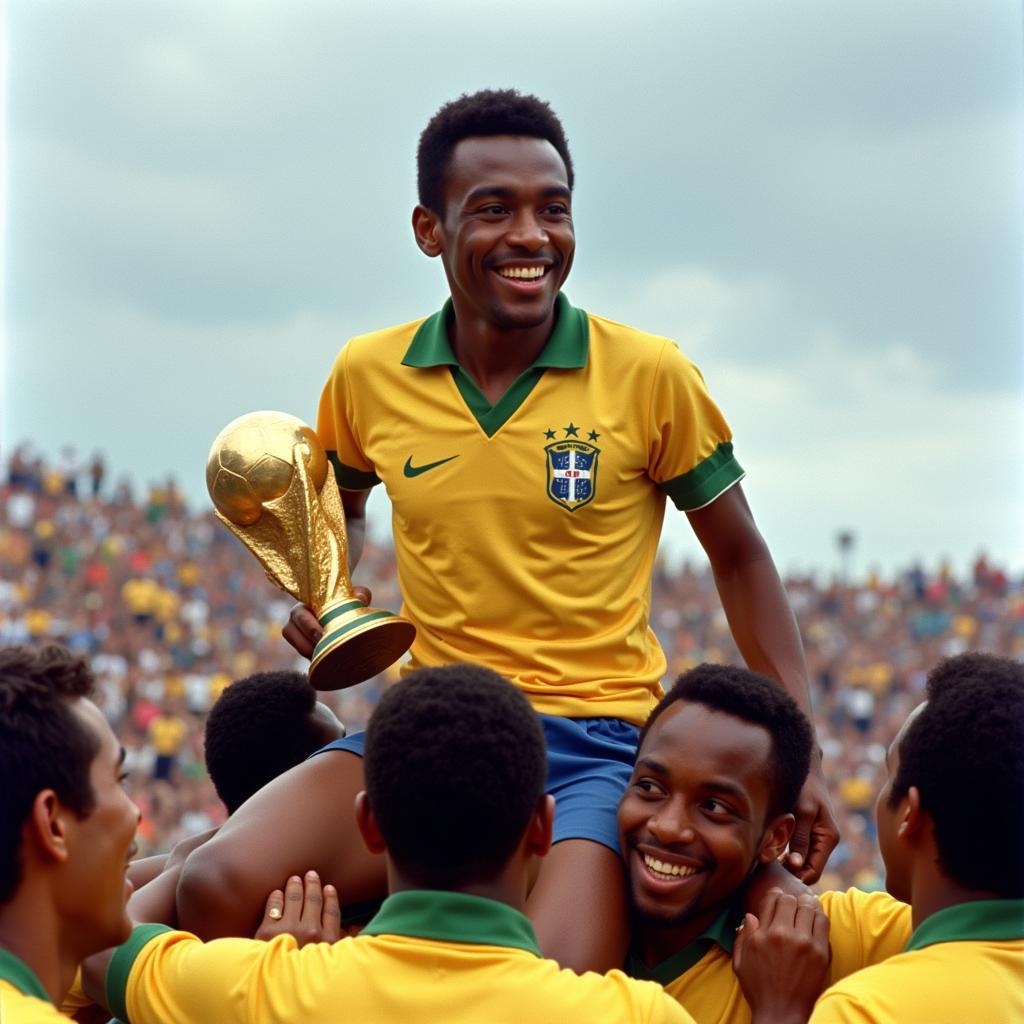 Pelé celebrating a World Cup victory with Brazil