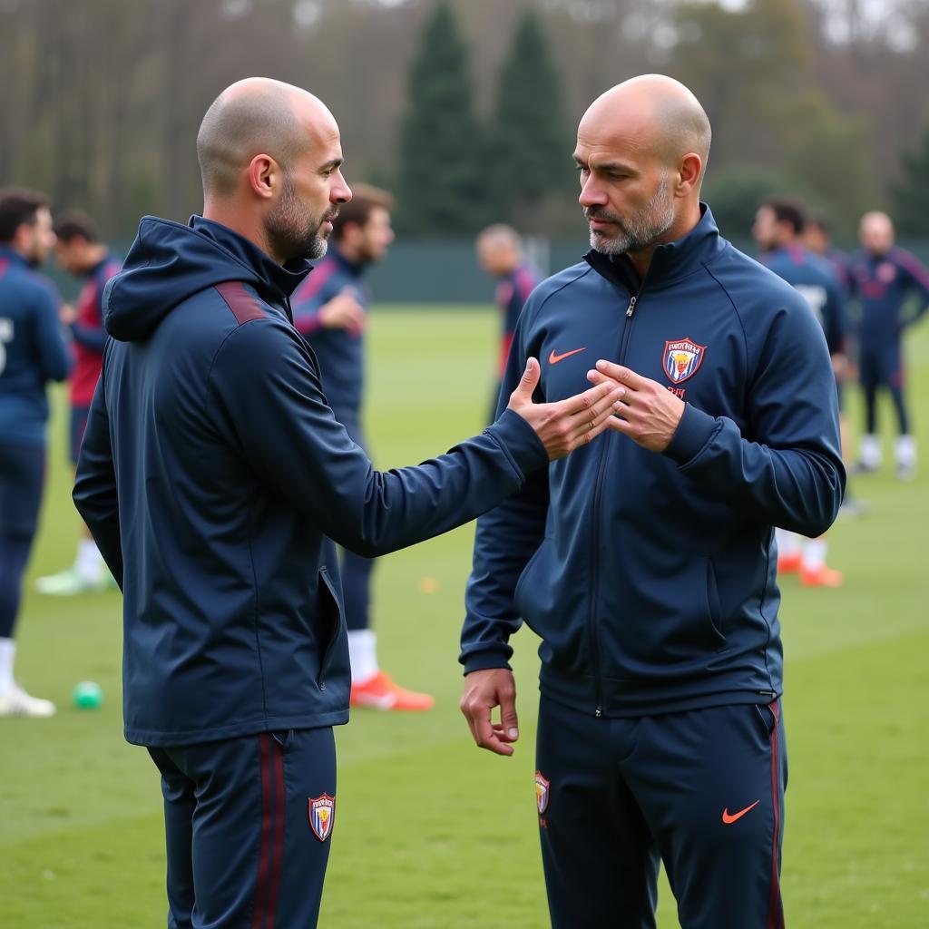 Pep Guardiola and Erling Haaland discuss tactics on the training ground