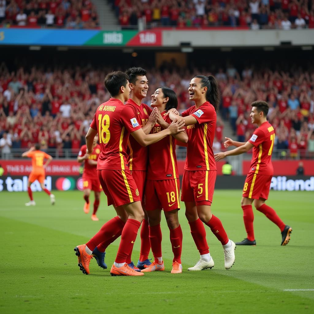 Pham Tien Dung celebrates a goal with his teammates, symbolizing the future of Vietnamese football and his potential impact.