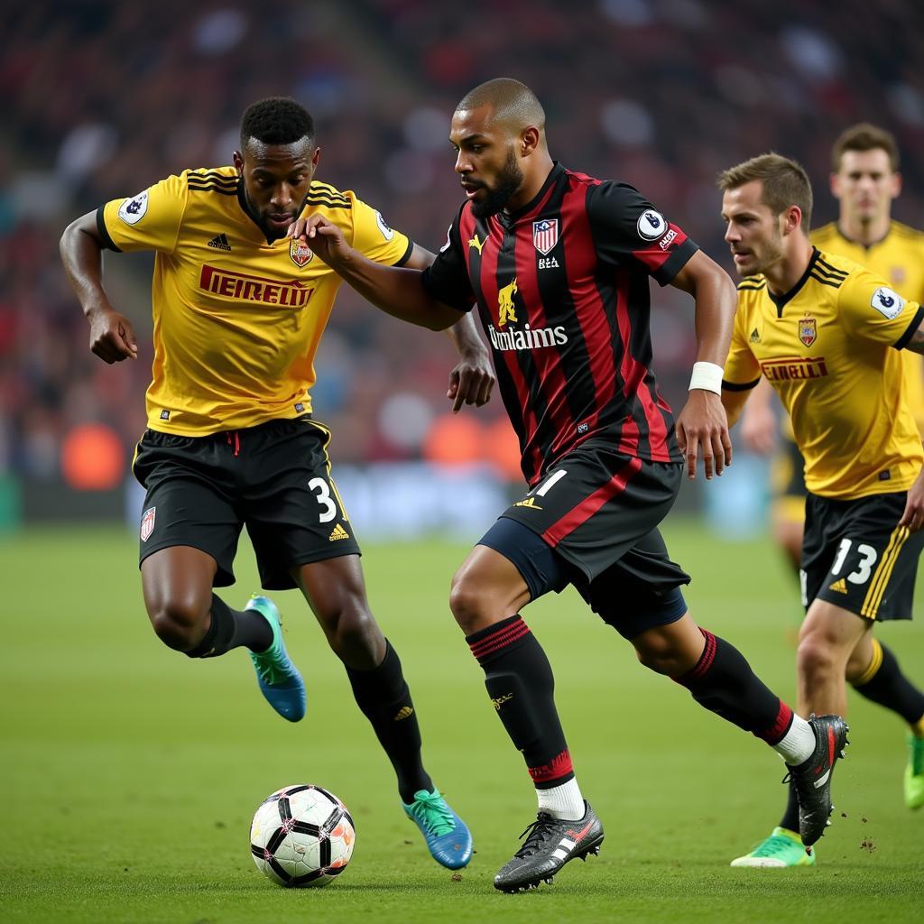 Player Ali dribbling past defenders