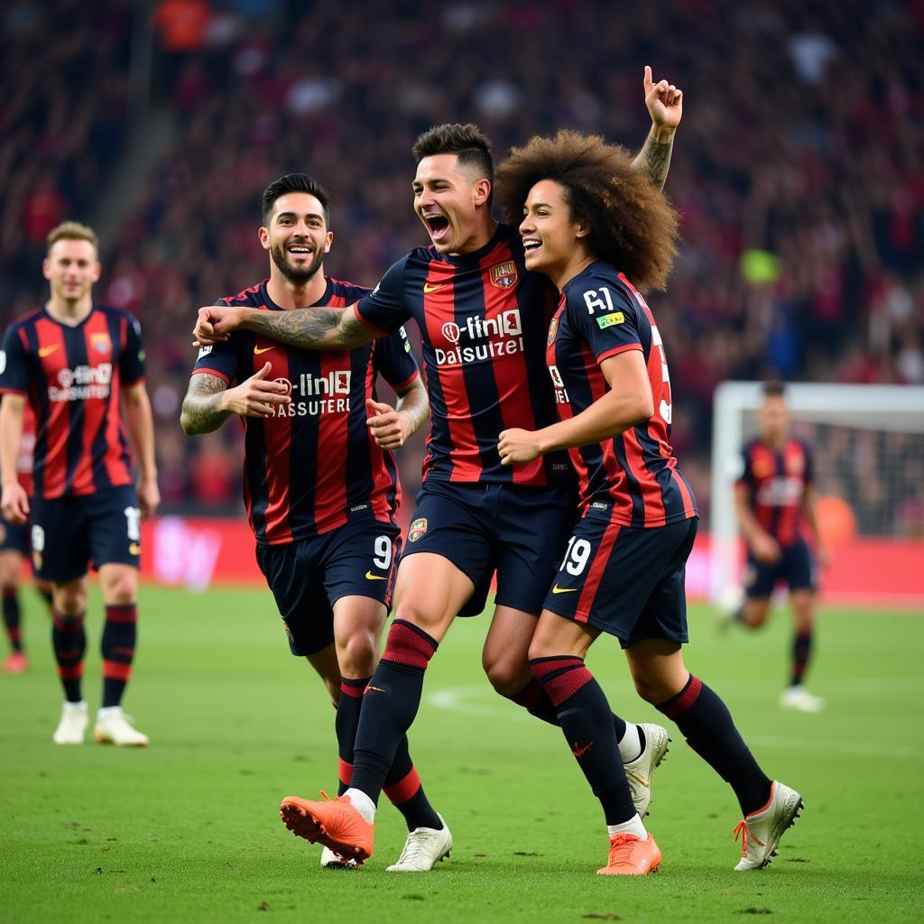 Player Armand celebrating a goal with his team