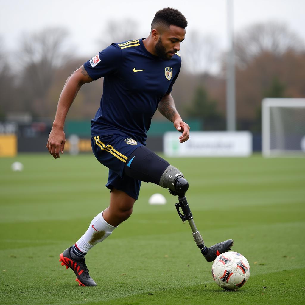 Player with prosthetic leg training diligently