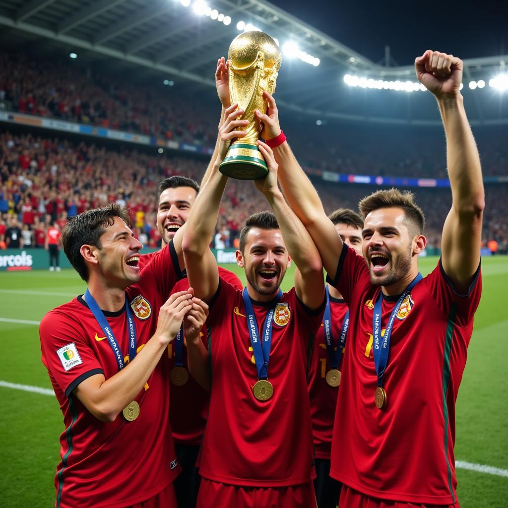 Football players celebrating a World Cup victory.