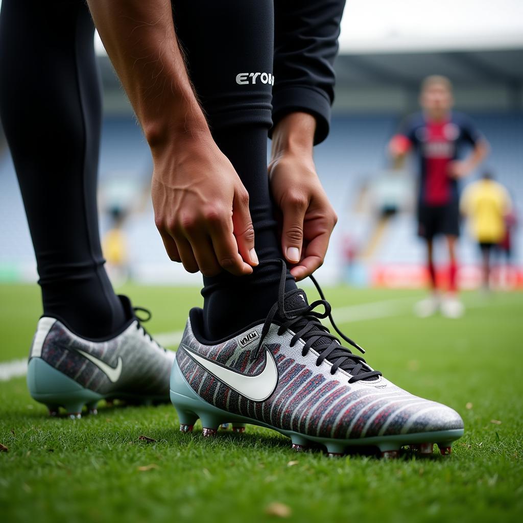 A footballer meticulously ties his boots before a match