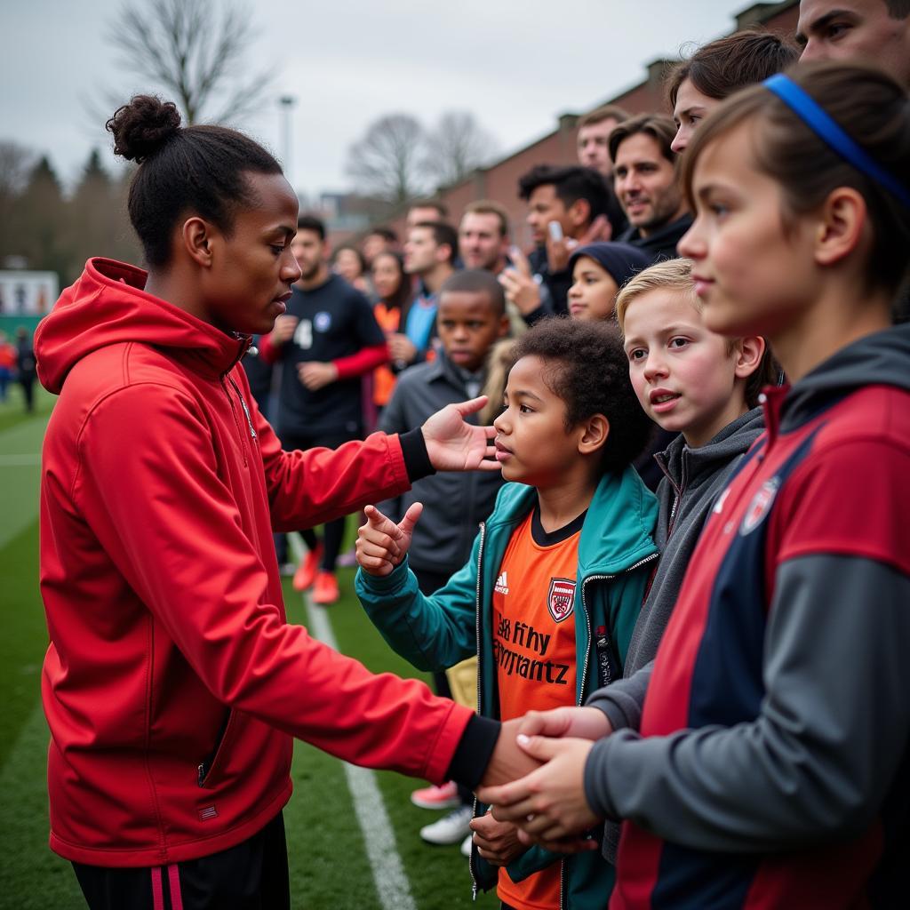 A Premier League player interacting with young fans after a match