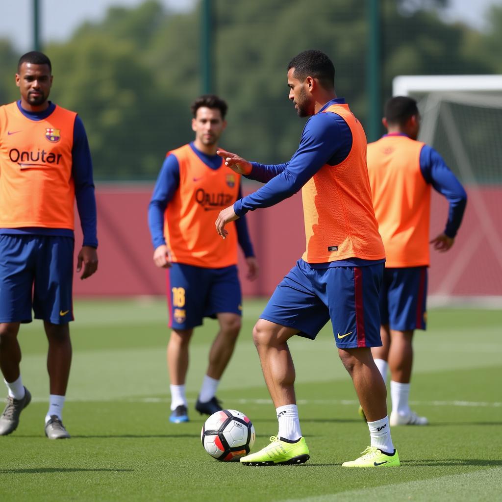 Qatari player trains with Barca teammates.