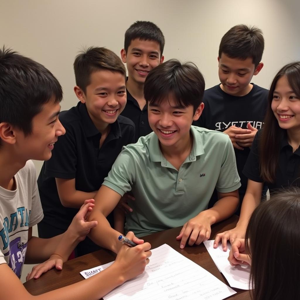 Quang Hai interacting with young fans, signing autographs and taking photos, showcasing his humility and connection with the community.