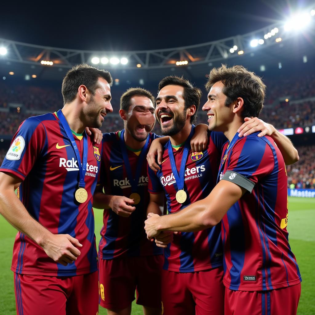 Rafael Marquez celebrating a Champions League victory with Barcelona.