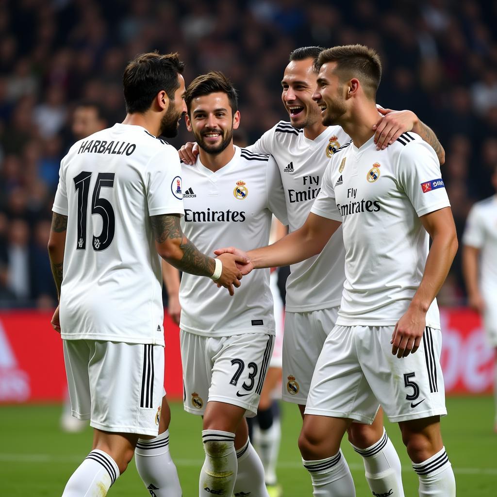 Real Madrid players celebrate a hard-fought victory.