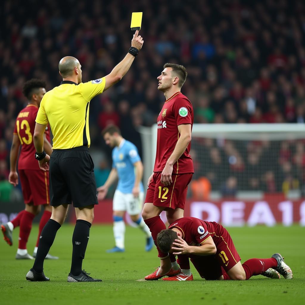 Referee showing a yellow card to a player for simulation