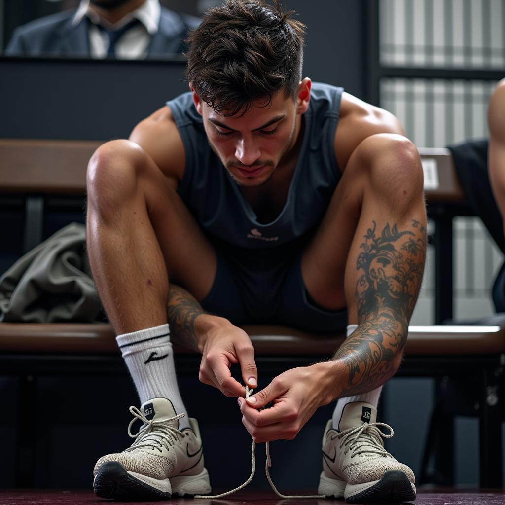 A player ties his shoes with intense concentration