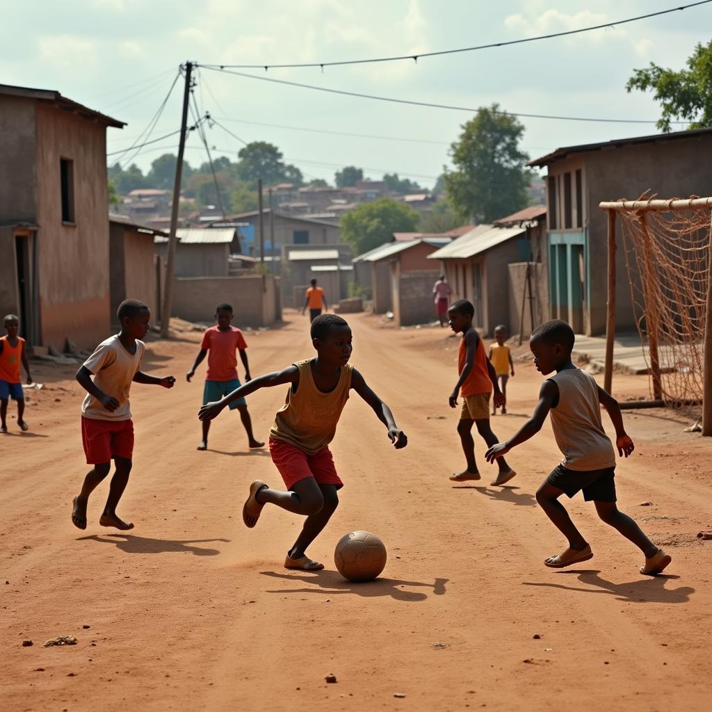 Children playing soccer on a makeshift field in a slum