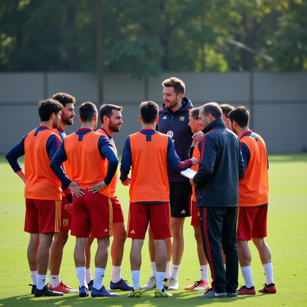 Spanish defenders discussing tactics