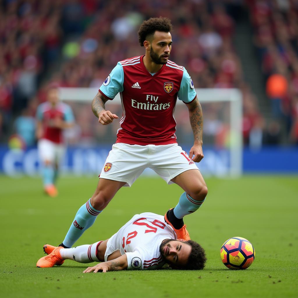 Footballer Stepping Over a Fallen Opponent