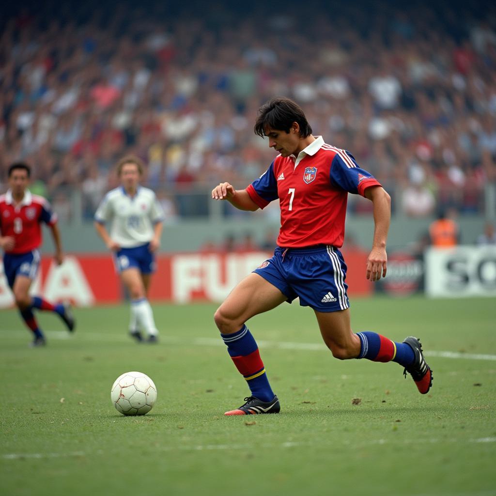 Hristo Stoichkov lining up to take a free-kick, his focused gaze hinting at the impending danger for the opposition goalkeeper.