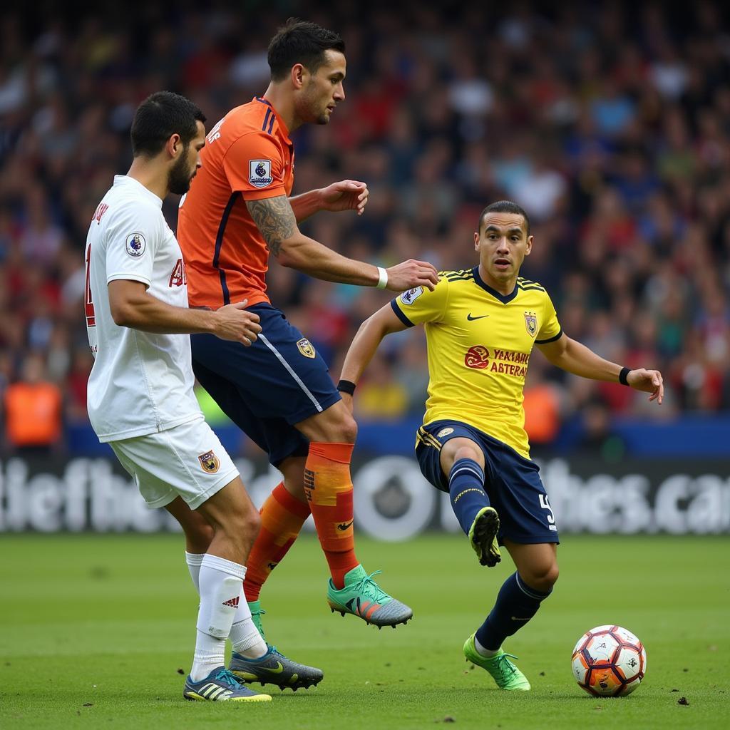 Tall Soccer Player Defending Against Shorter Opponent