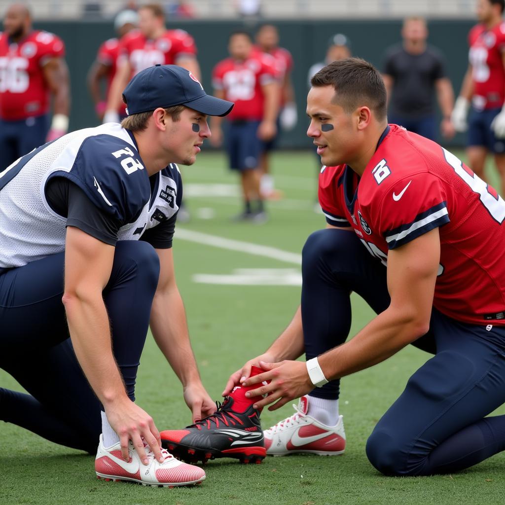 One player helps another tie his boot, demonstrating teamwork.