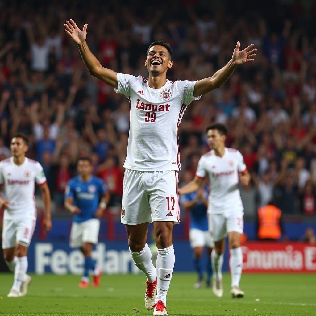 Teerasil Dangda celebrating a goal for Thailand