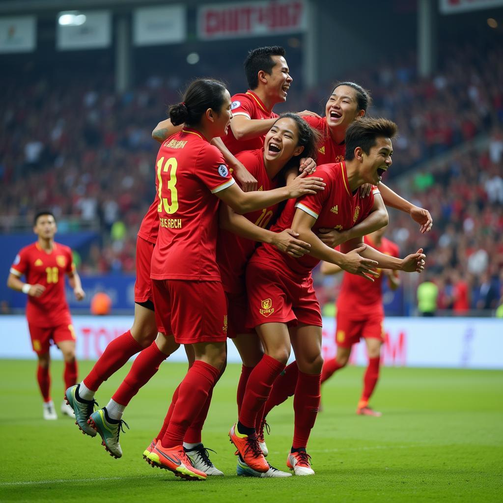 Than Quang Ninh players celebrating a goal after scoring against their opponent