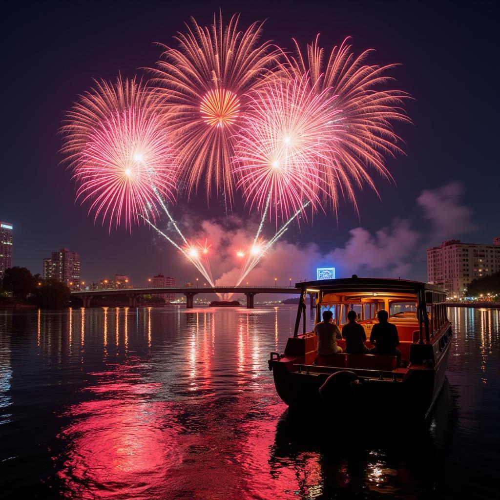 Watching Thủ Thiêm Bridge fireworks from a boat on the Saigon River