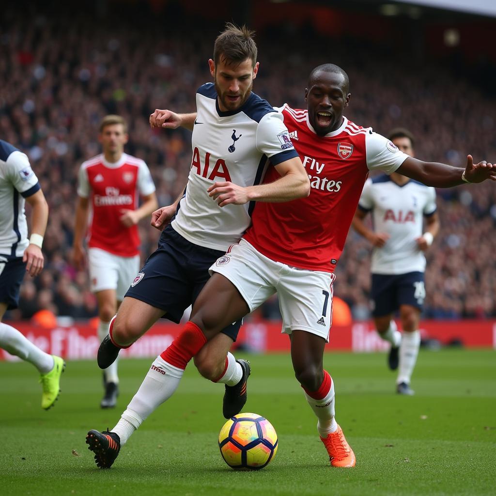 Tottenham Hotspur playing against Arsenal in a heated North London Derby.