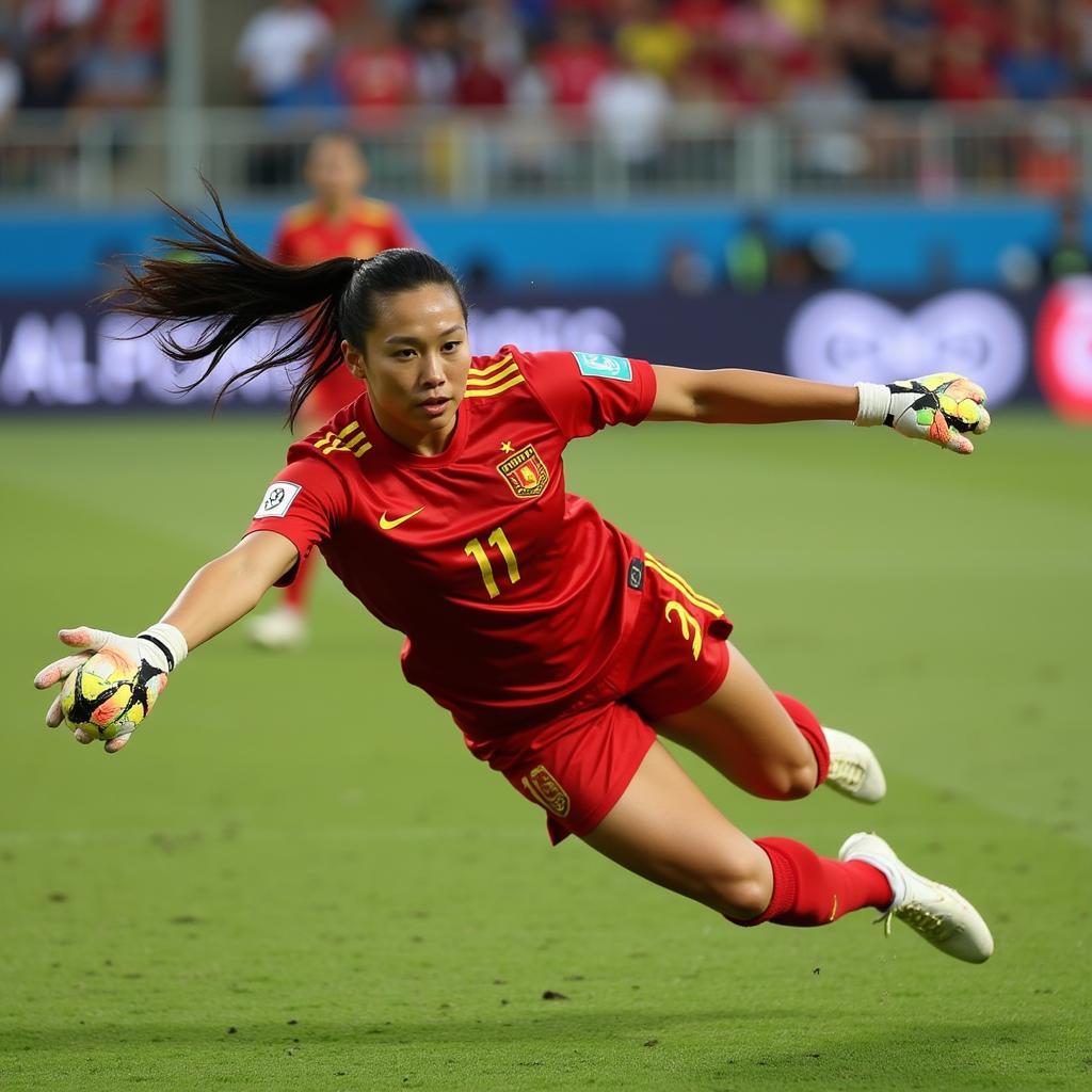 Tran Thi Kim Thanh makes a diving save during a match for the Vietnamese national team.