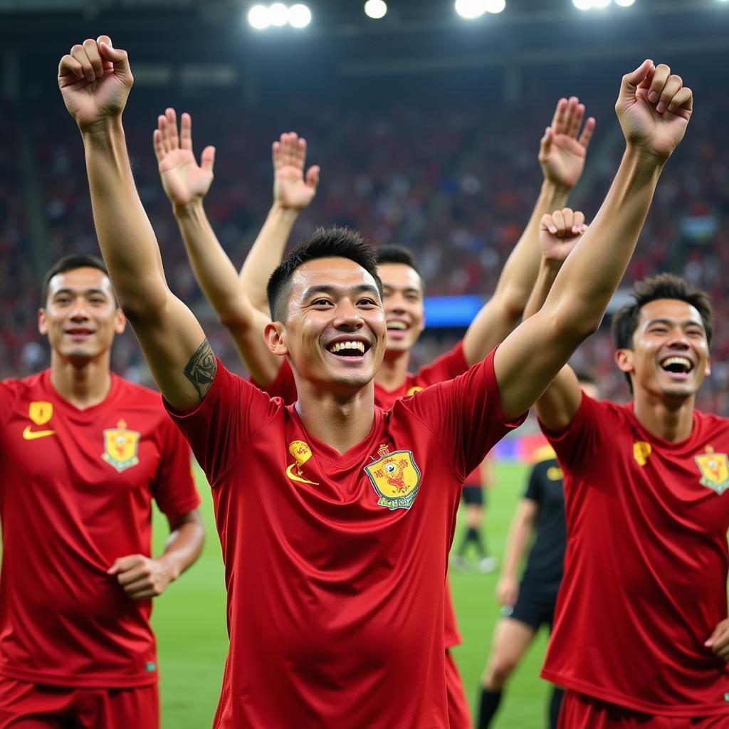 Tuan Anh celebrating a victory with his teammates, embodying his leadership and commitment to Vietnamese football.