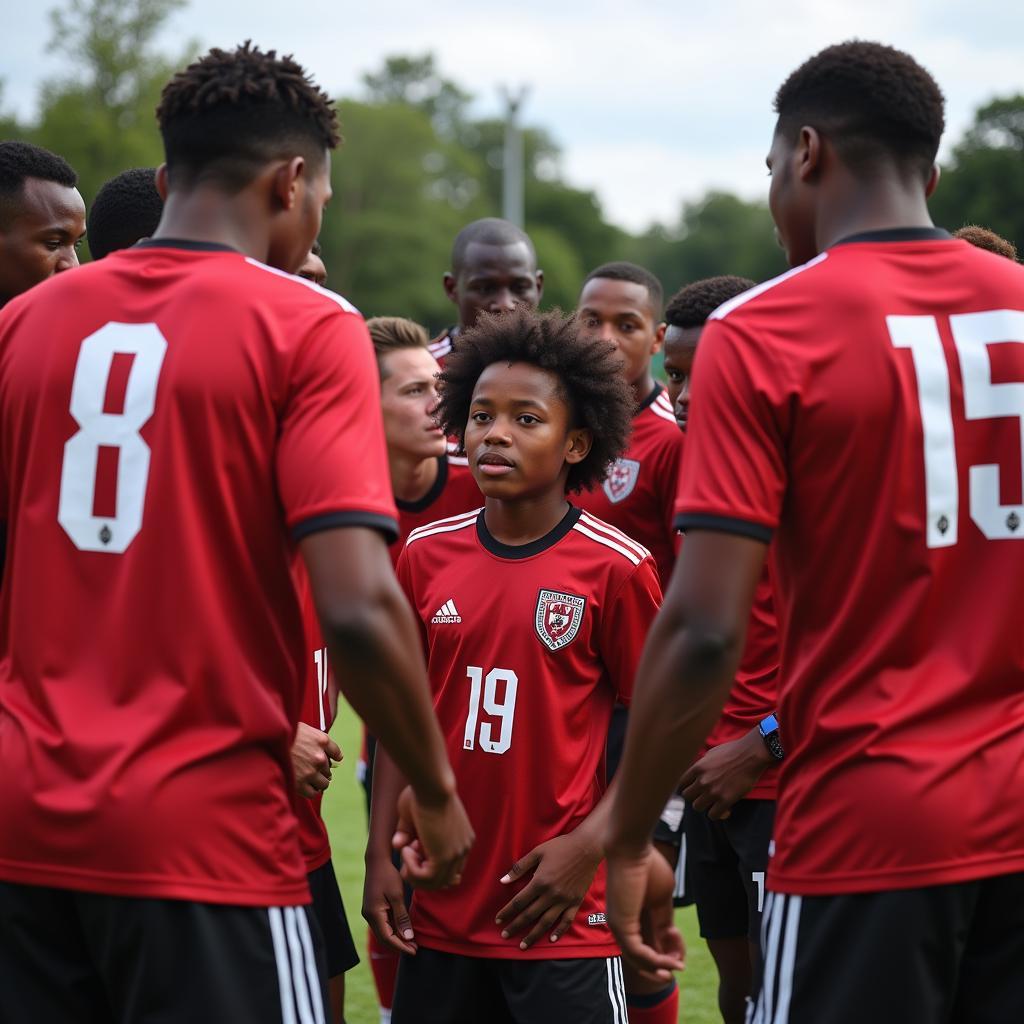 U22 team huddles with a young player in the center.