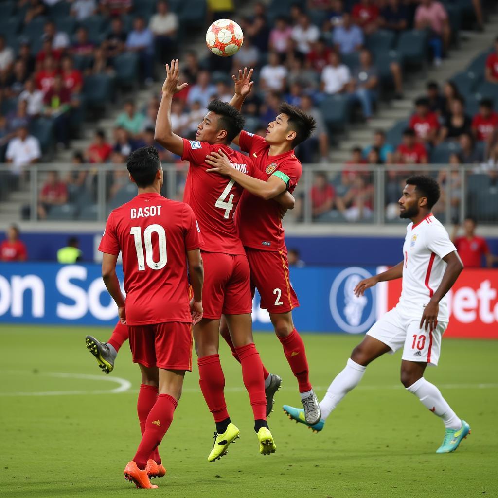 U22 Vietnam players competing for a header during a set piece in the 2019 SEA Games.