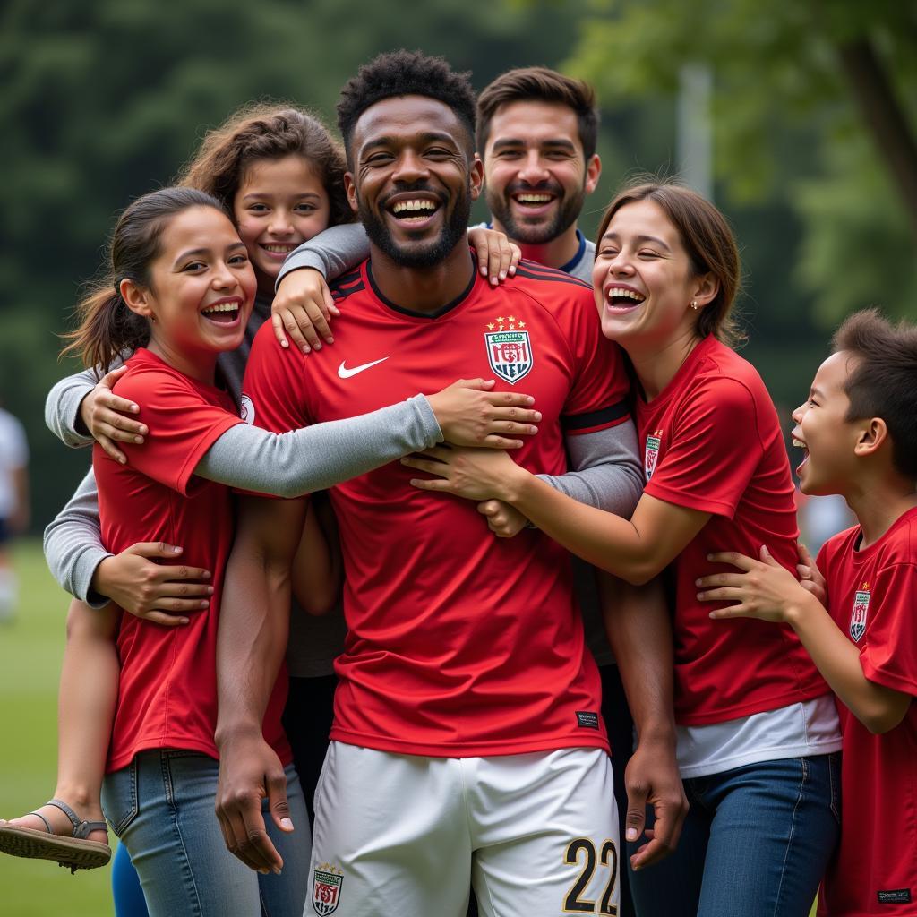 A U23 footballer celebrating a victory with his family