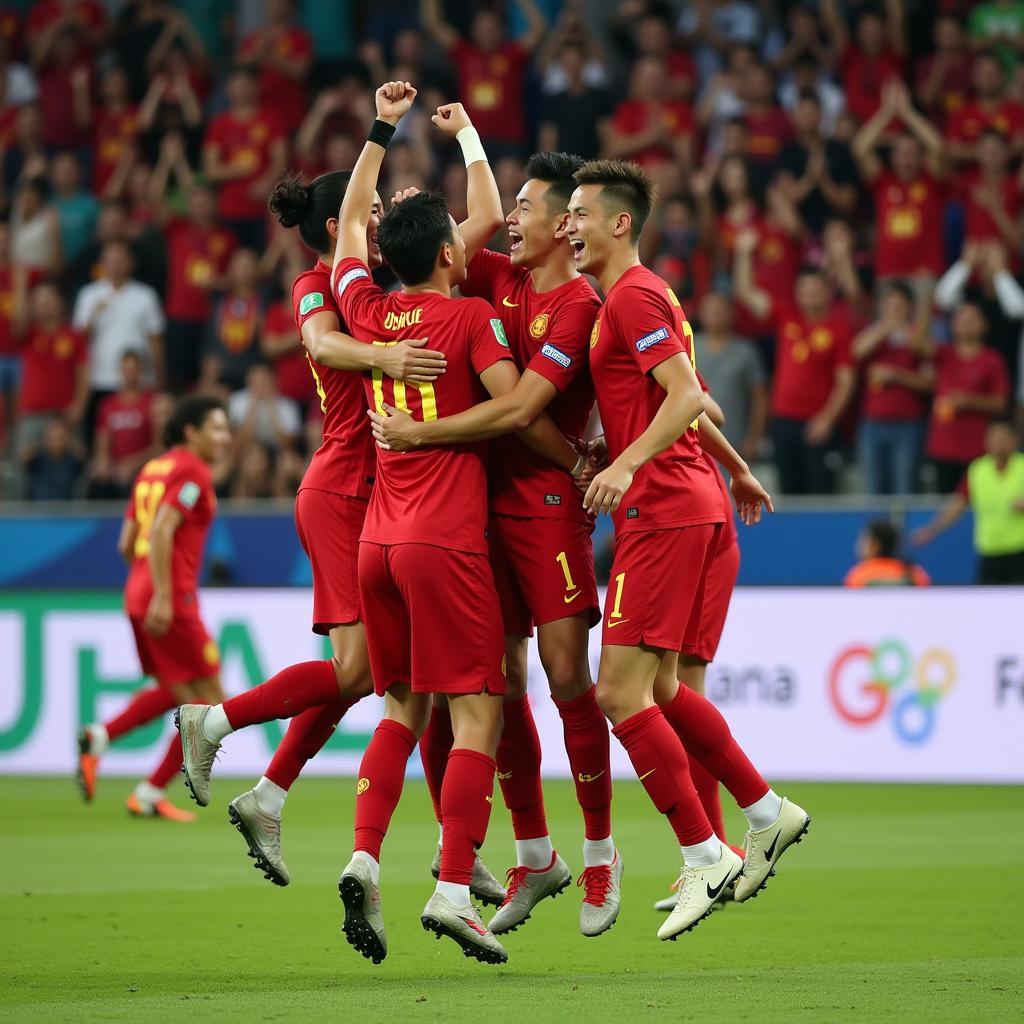 U23 Vietnam players celebrating a goal, showcasing their teamwork and joy.