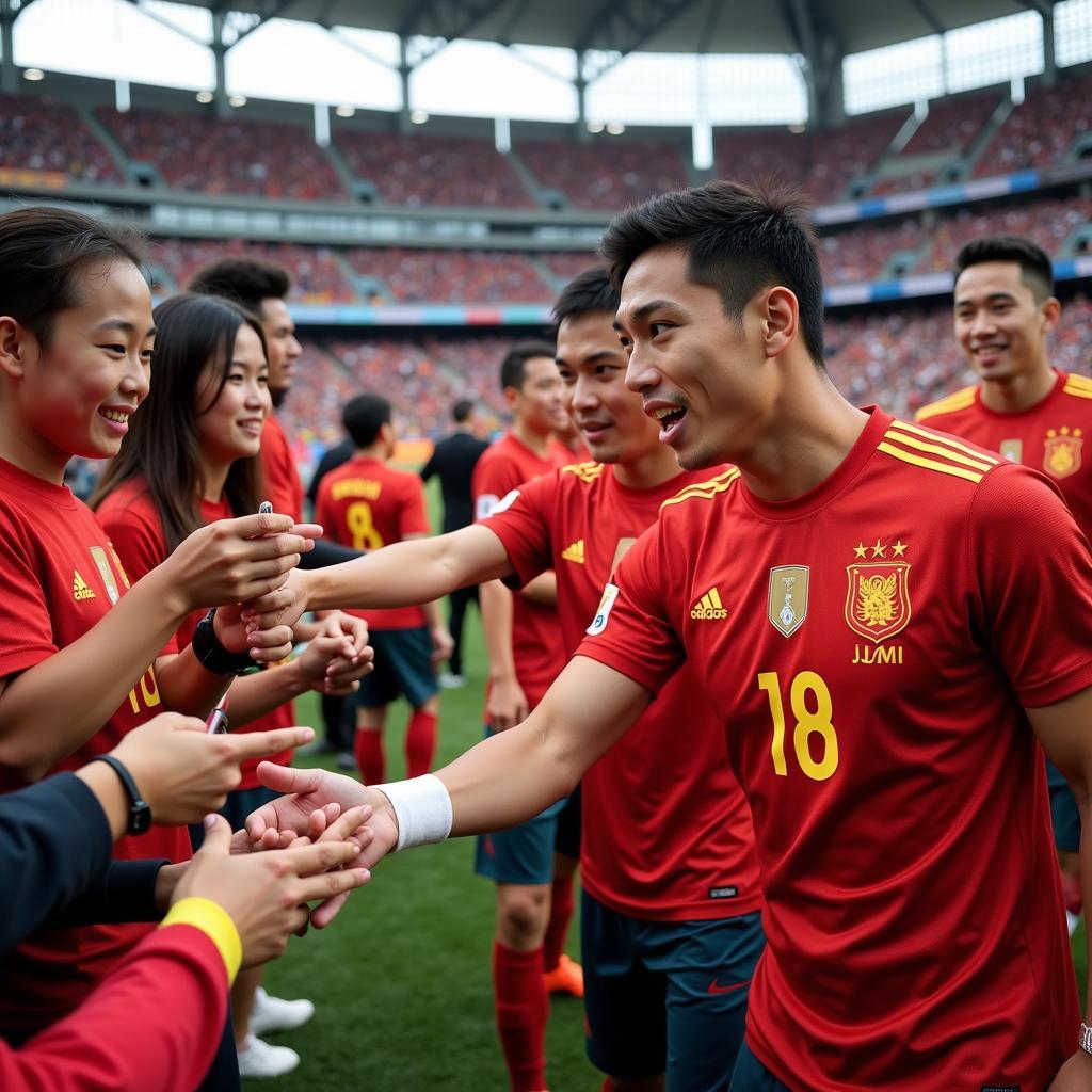 U23 Vietnam players interacting with fans after a match