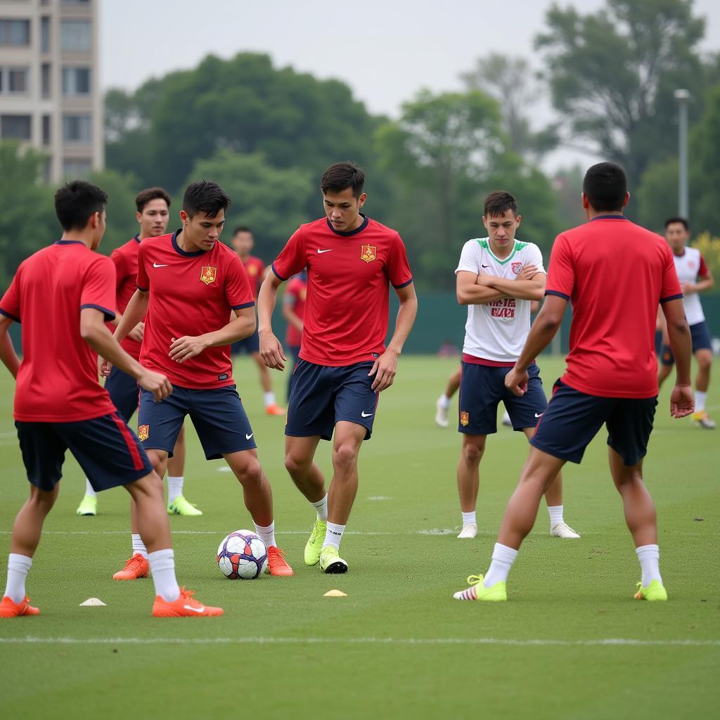 U23 Vietnam national football team players training intensely for upcoming matches.