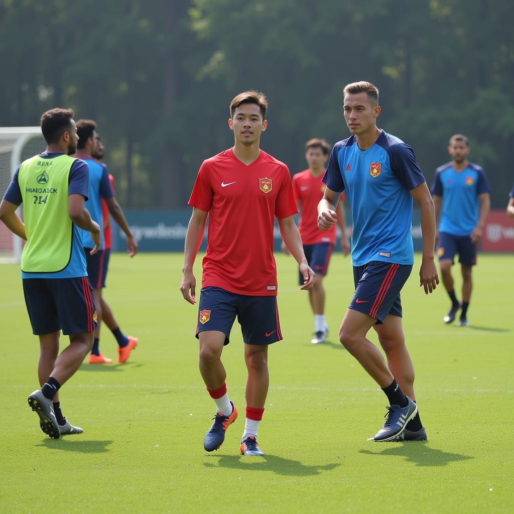 U23 Vietnam players focused during a training session