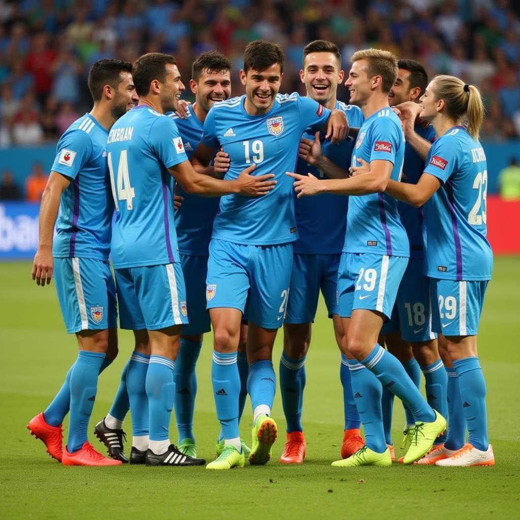 U23 Uzbekistan players celebrating a goal with jubilation and camaraderie, highlighting their team spirit.