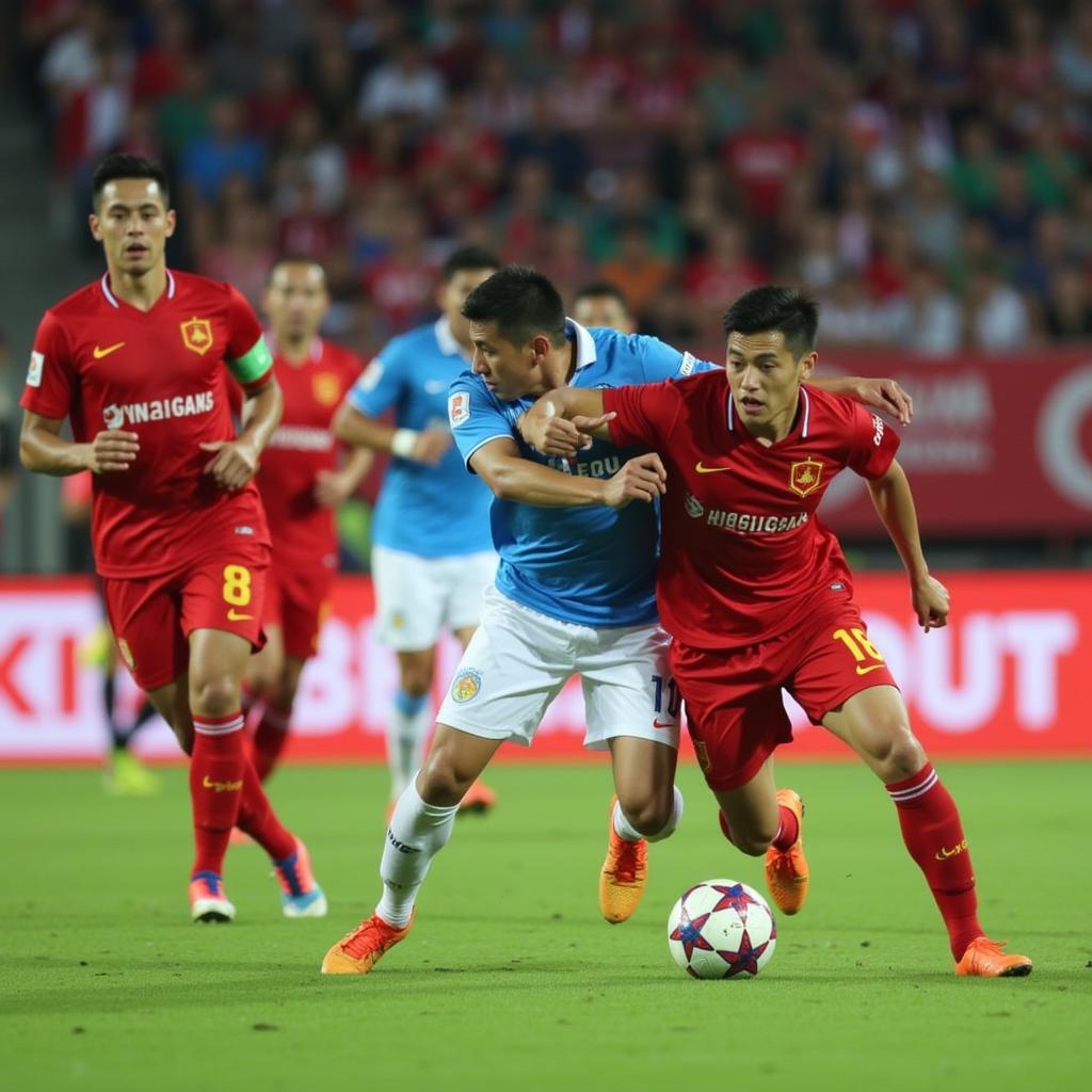 Players competing in the V.League 1, showcasing the intensity and skill of Vietnamese football.