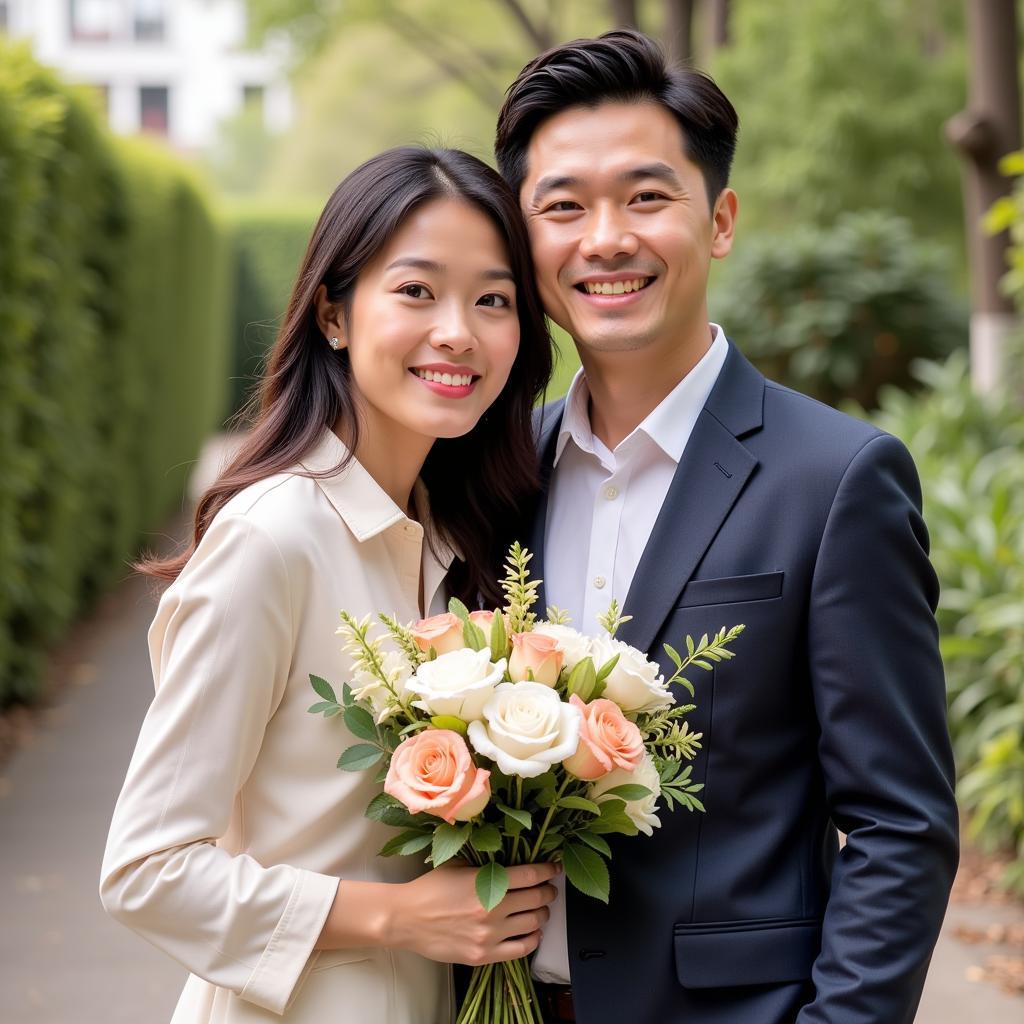 Văn Đức and Nhật Linh posing for a photo after their wedding ceremony.