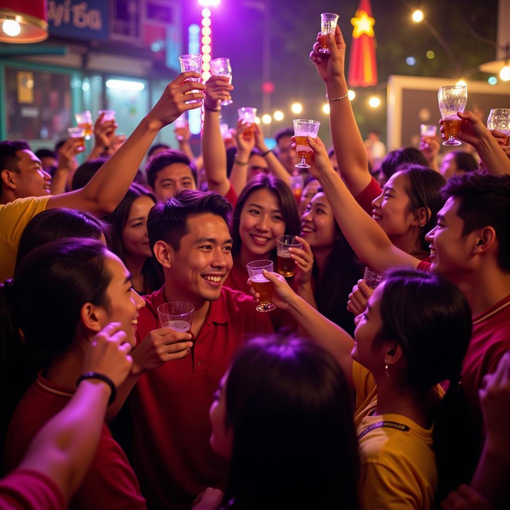 Văn Đức celebrating with his teammates and friends at his wedding reception.